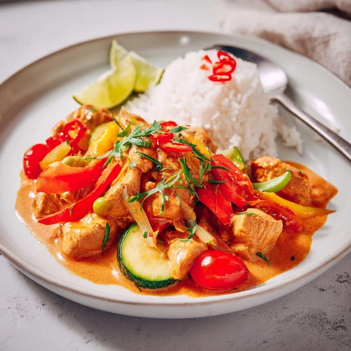 Bright Spicy Summer Coconut Chicken Curry with tender bites, crisp snap peas