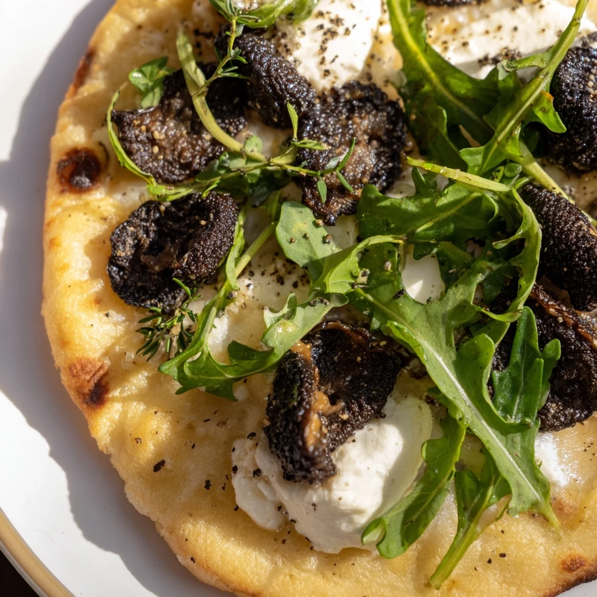 Golden morel mushroom arugula flatbread drizzled with aromatic truffle oil on a wooden board