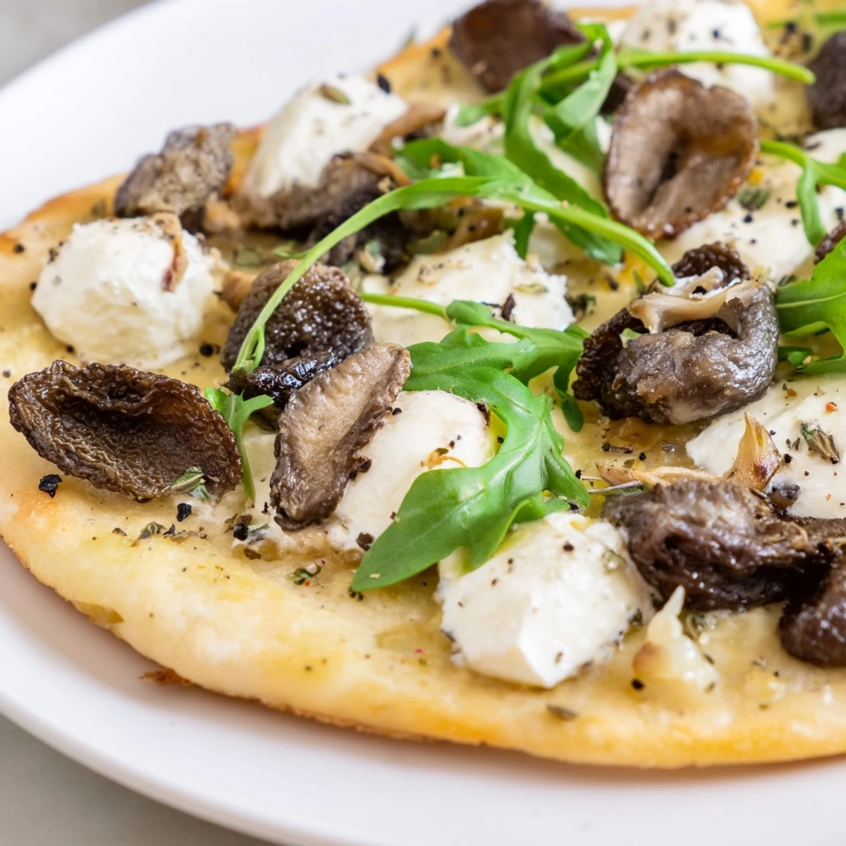 Crispy morel mushroom flatbread topped with fresh peppery arugula and melted three-cheese blend
