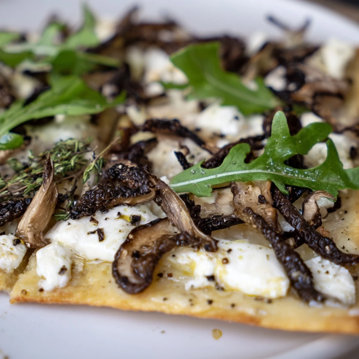 Gourmet morel mushroom arugula flatbread with truffle oil finish, baked to golden perfection