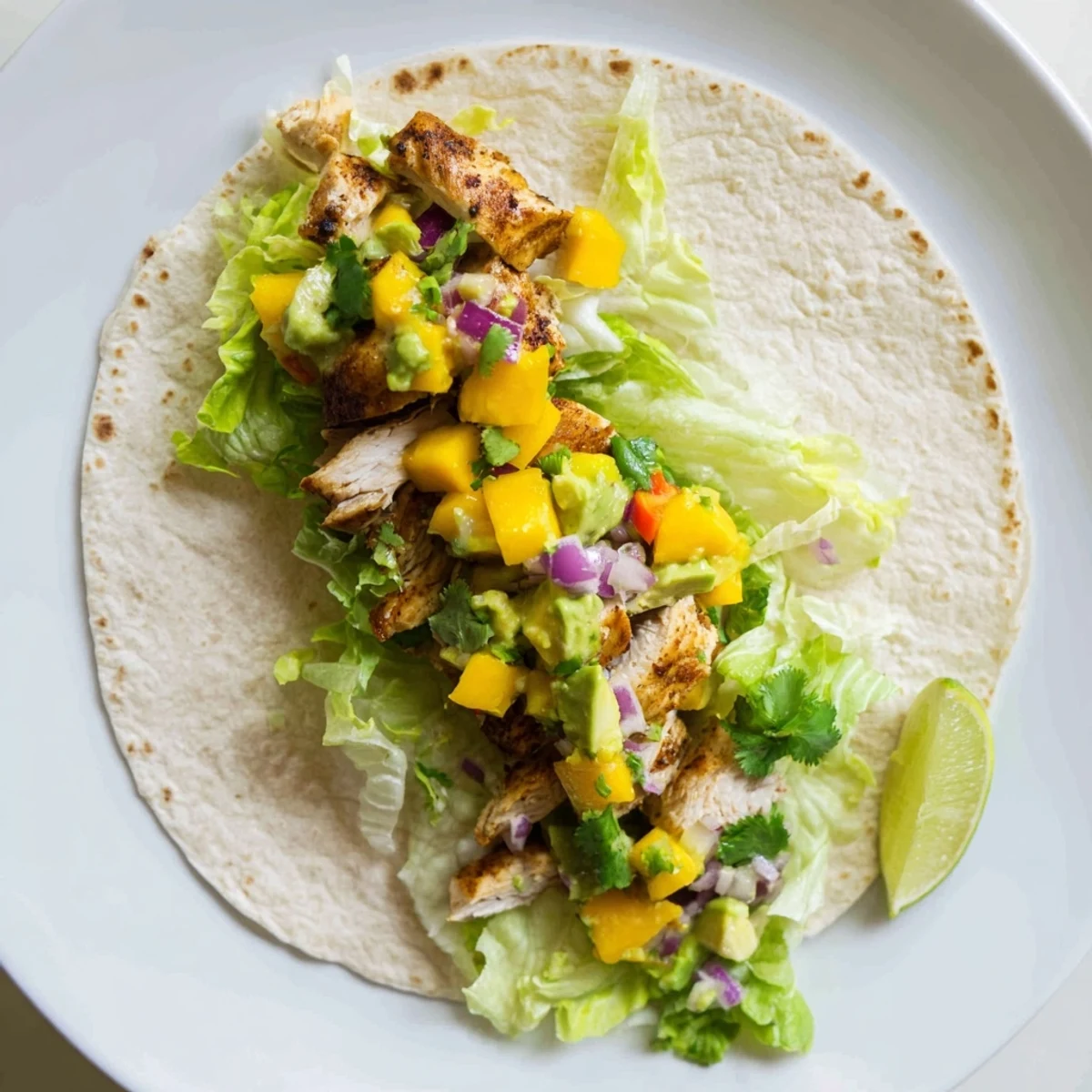 Golden grilled chicken slices wrapped in soft tortilla with vibrant avocado mango salsa
