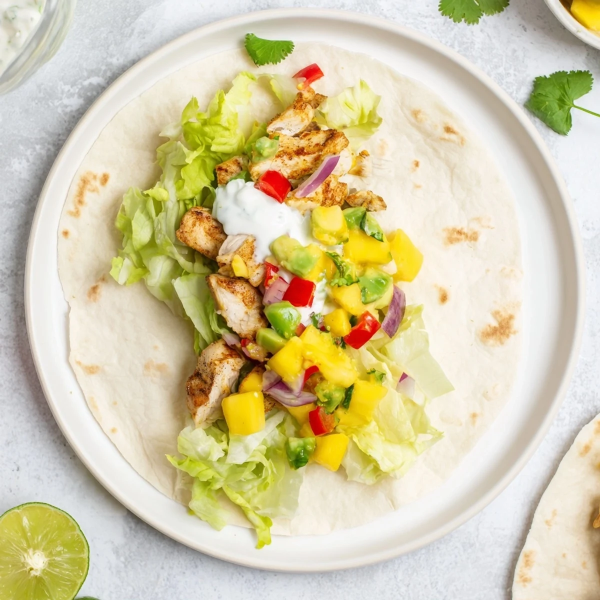 Close-up of summer grilled chicken wraps overflowing with fresh diced mango and avocado