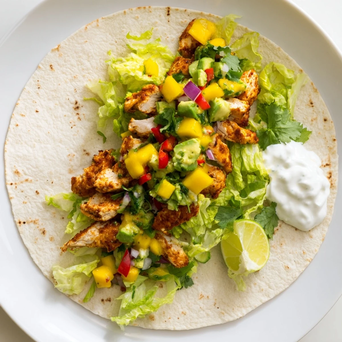Sliced grilled chicken wraps filled with creamy avocado mango salsa and crisp lettuce on plate