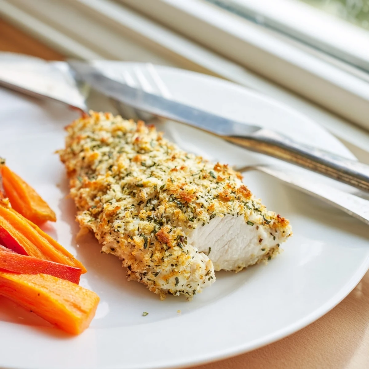 Golden herb crusted chicken breast served alongside colorful roasted seasonal vegetables on a white plate