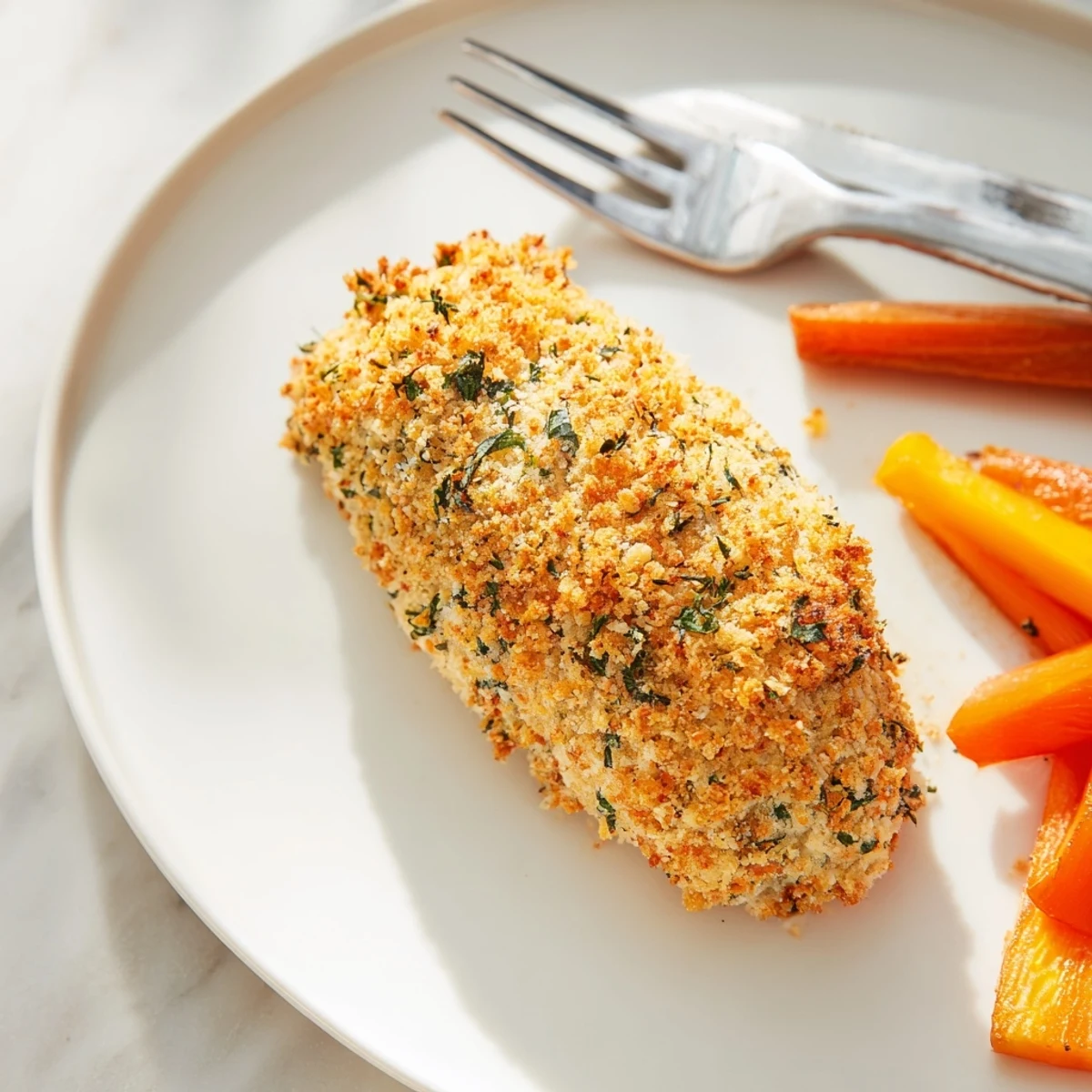 Crispy breadcrumb coated chicken with fresh parsley and rosemary roasted with bell peppers and carrots