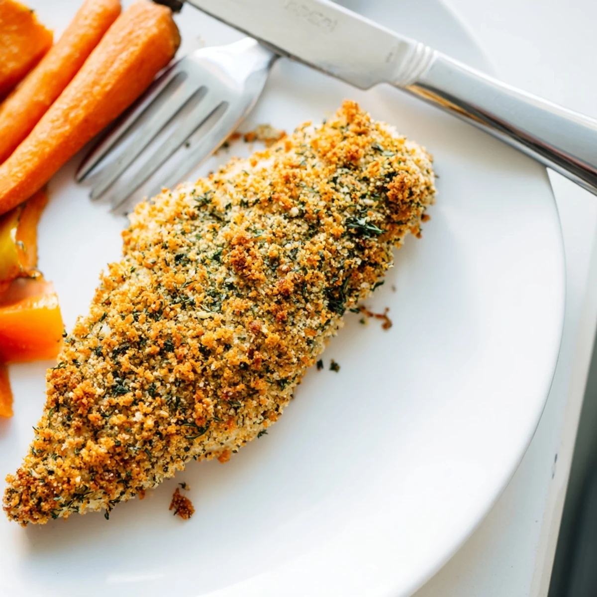 Juicy herb crusted chicken with caramelized roasted vegetables including zucchini onions and red bell peppers