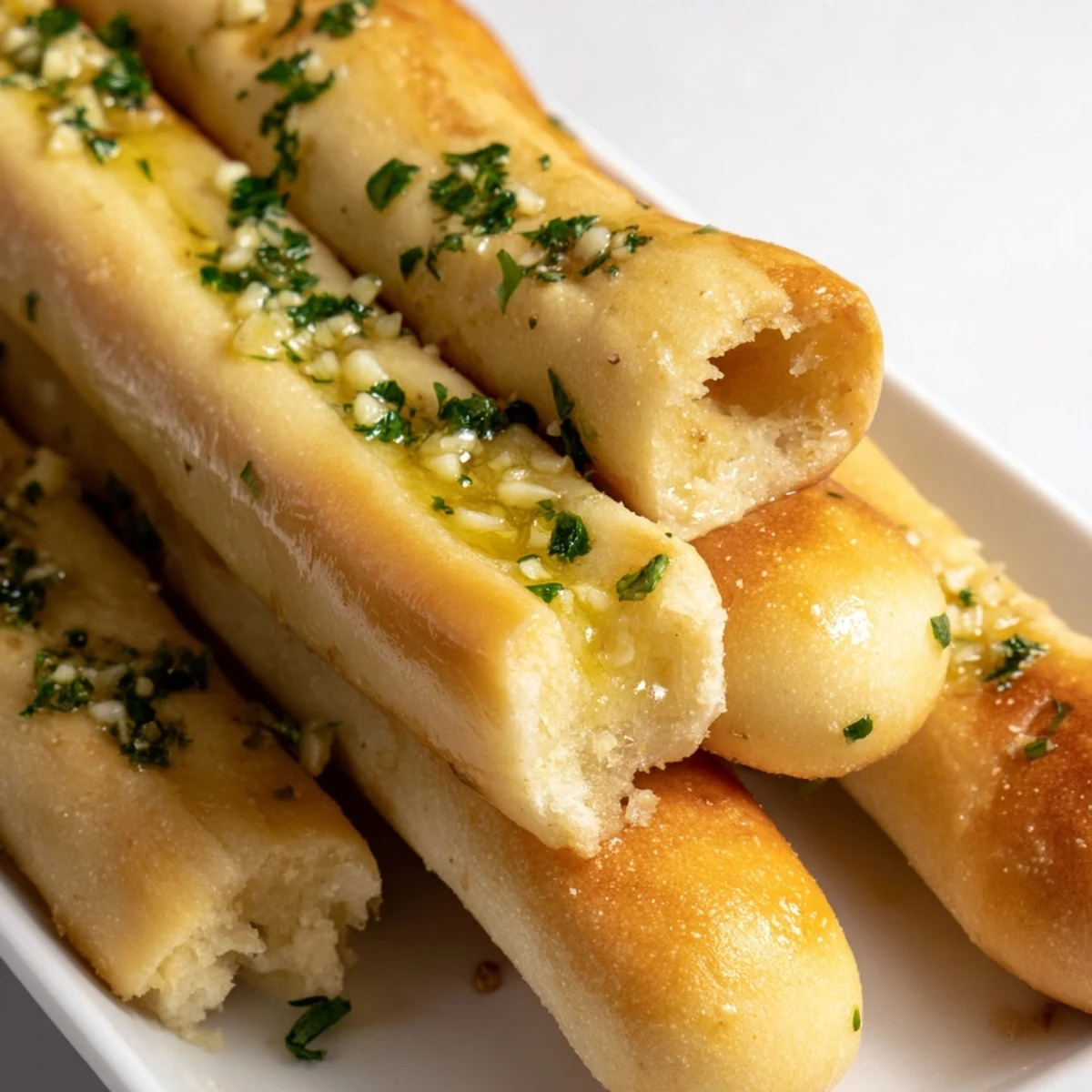 Golden homemade garlic breadsticks fresh from the oven with melted butter and parsley garnish