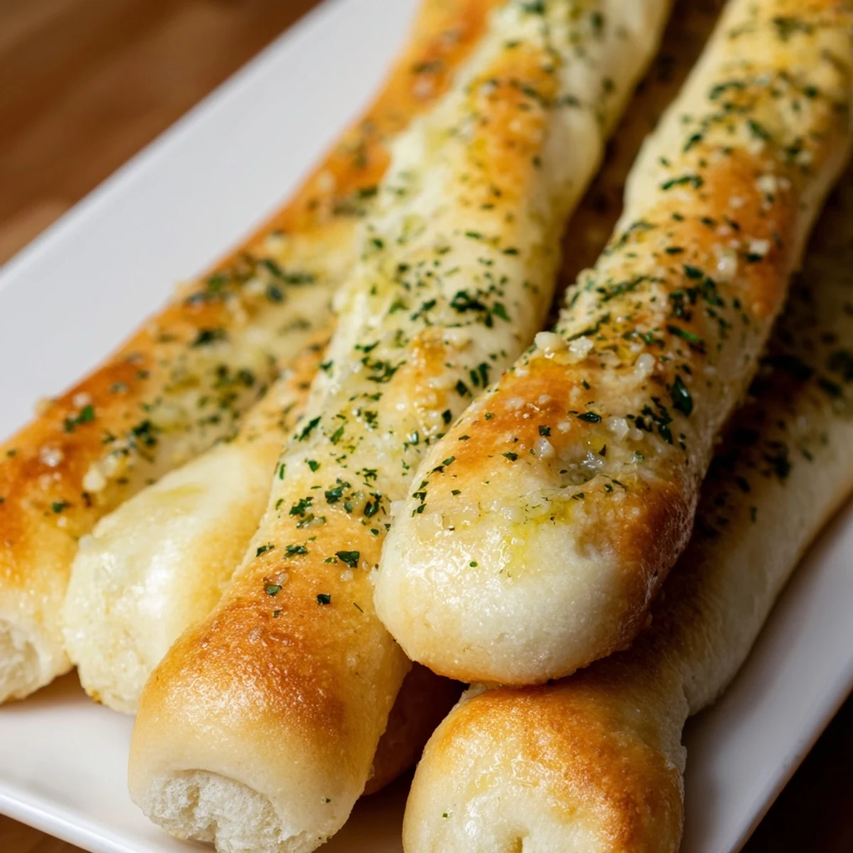 Soft fluffy garlic breadsticks brushed with savory herb butter perfect for dipping