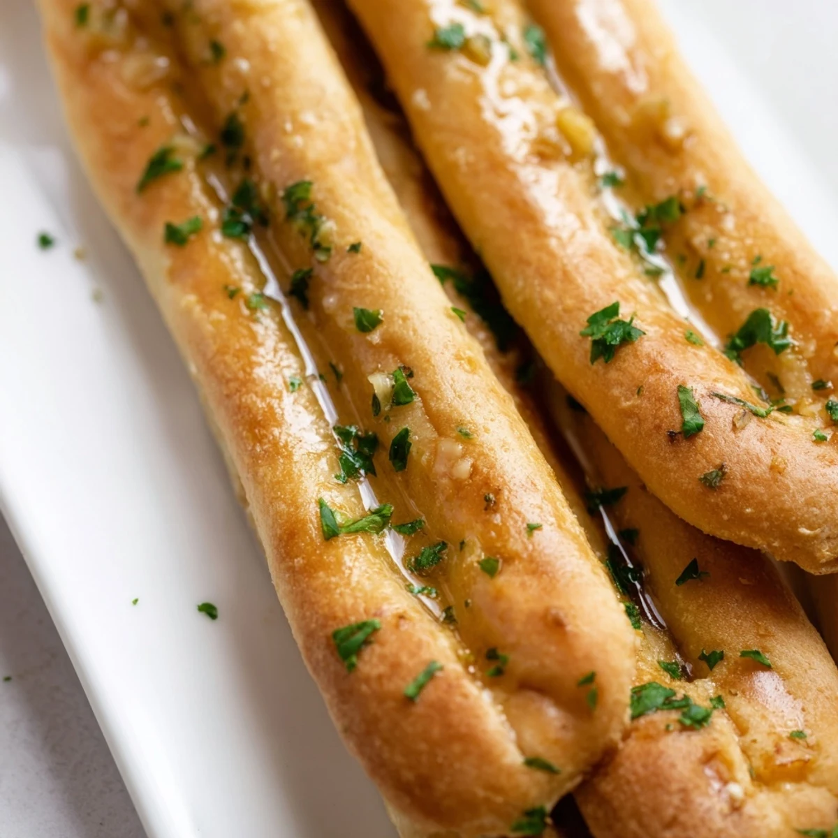 Warm Italian garlic breadsticks arranged on serving board alongside marinara dipping sauce