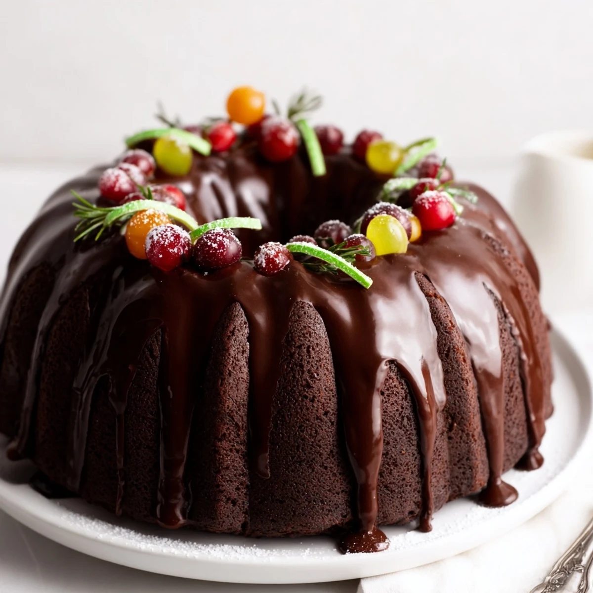 Plated Chocolate Bundt Cake Christmas Wreath with rosemary sprigs and powdered sugar dusting