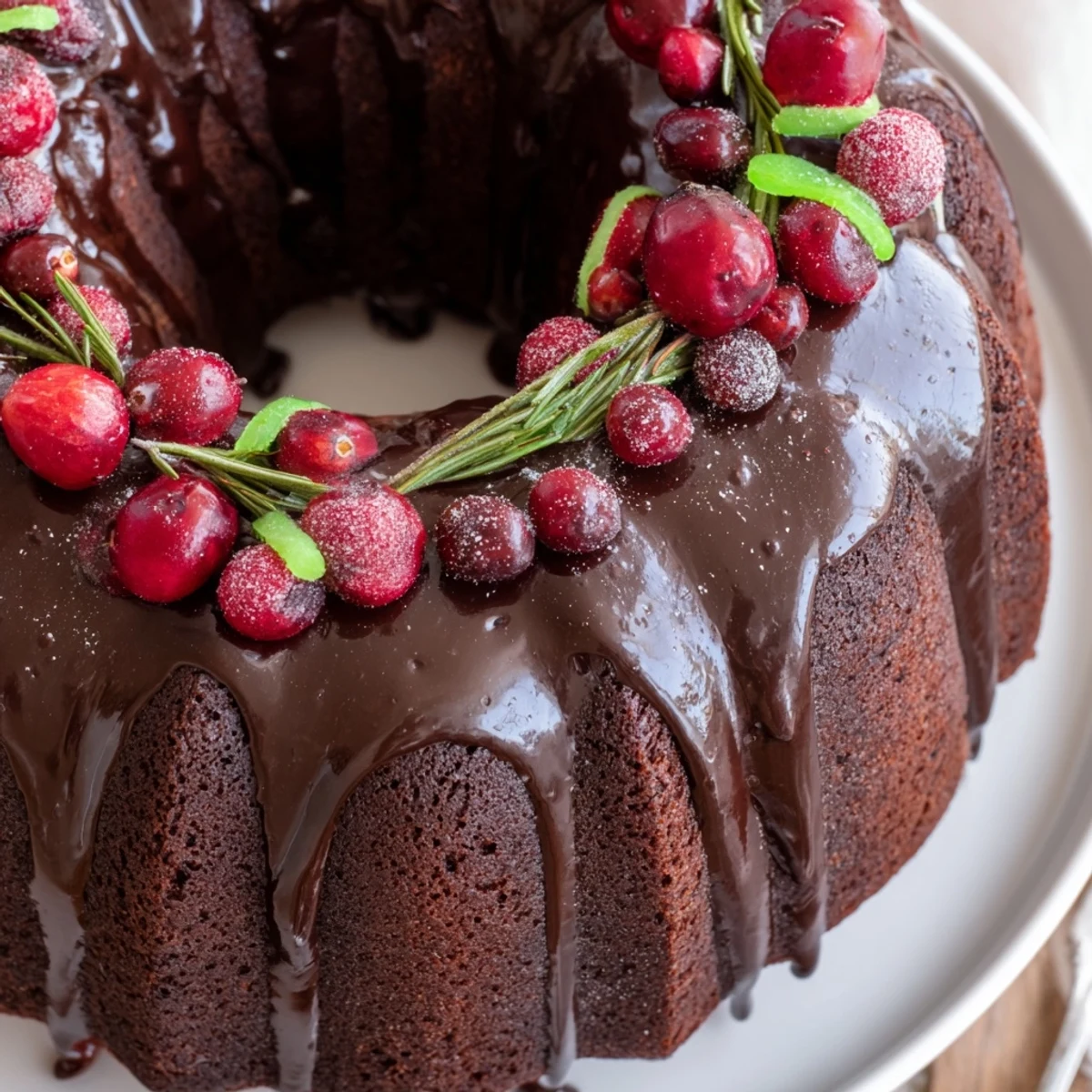 Chocolate Bundt Cake Christmas Wreath drizzled with glossy ganache and sugared cranberries