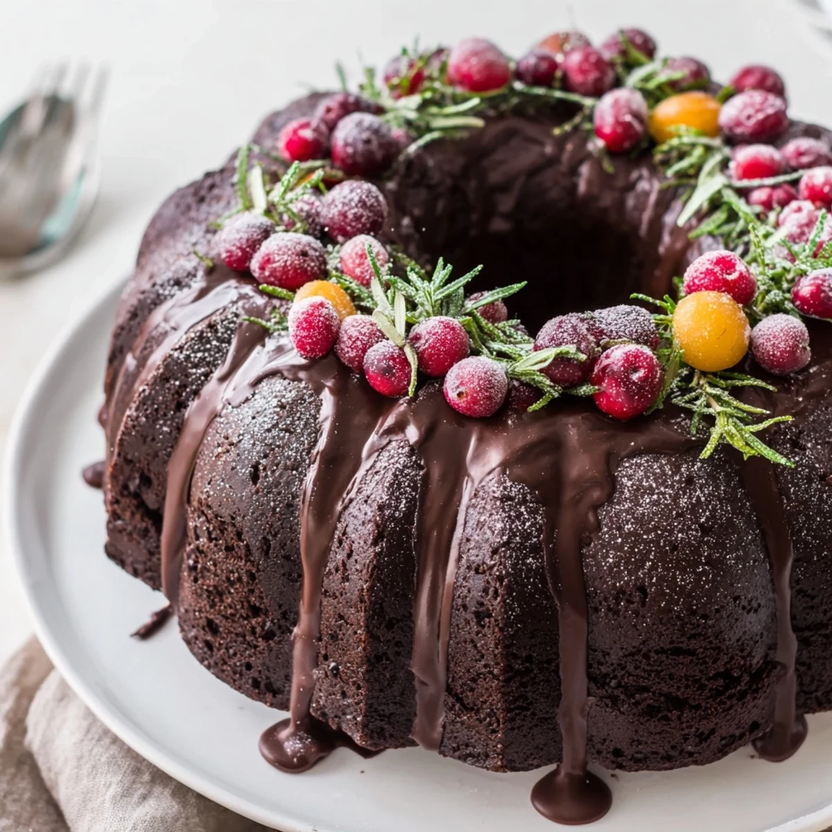 A festive Chocolate Bundt Cake Christmas Wreath sliced to reveal moist, chocolatey interior