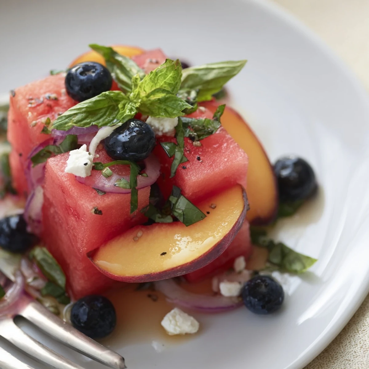 Peach Watermelon Salad With Feta glistening with lime dressing, mint garnish  