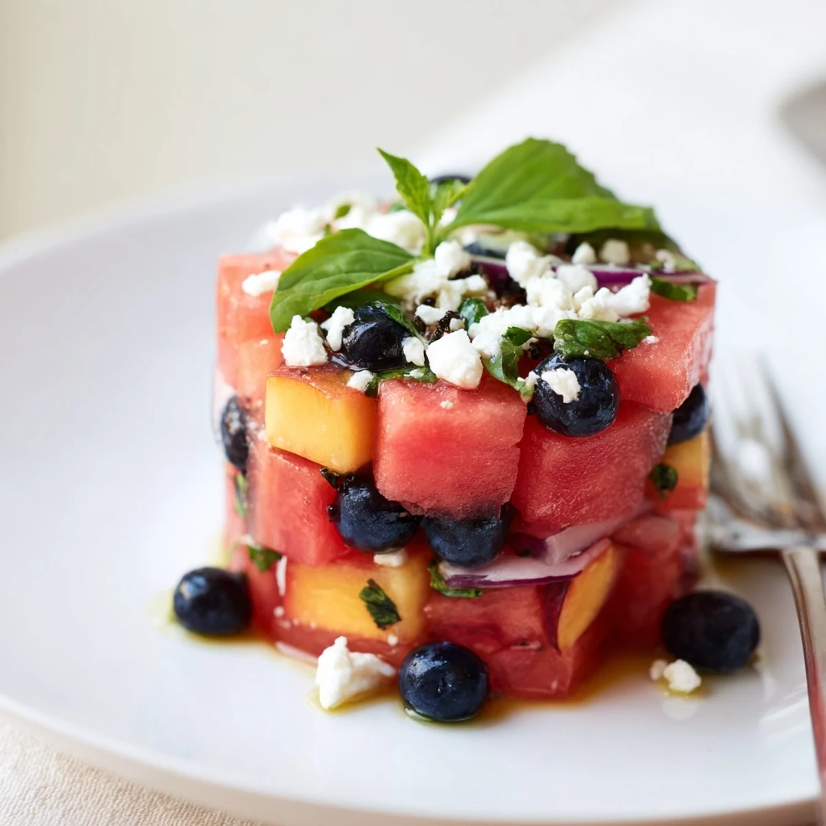 Bright Peach Watermelon Salad With Feta served chilled, juicy peaches and herbs  