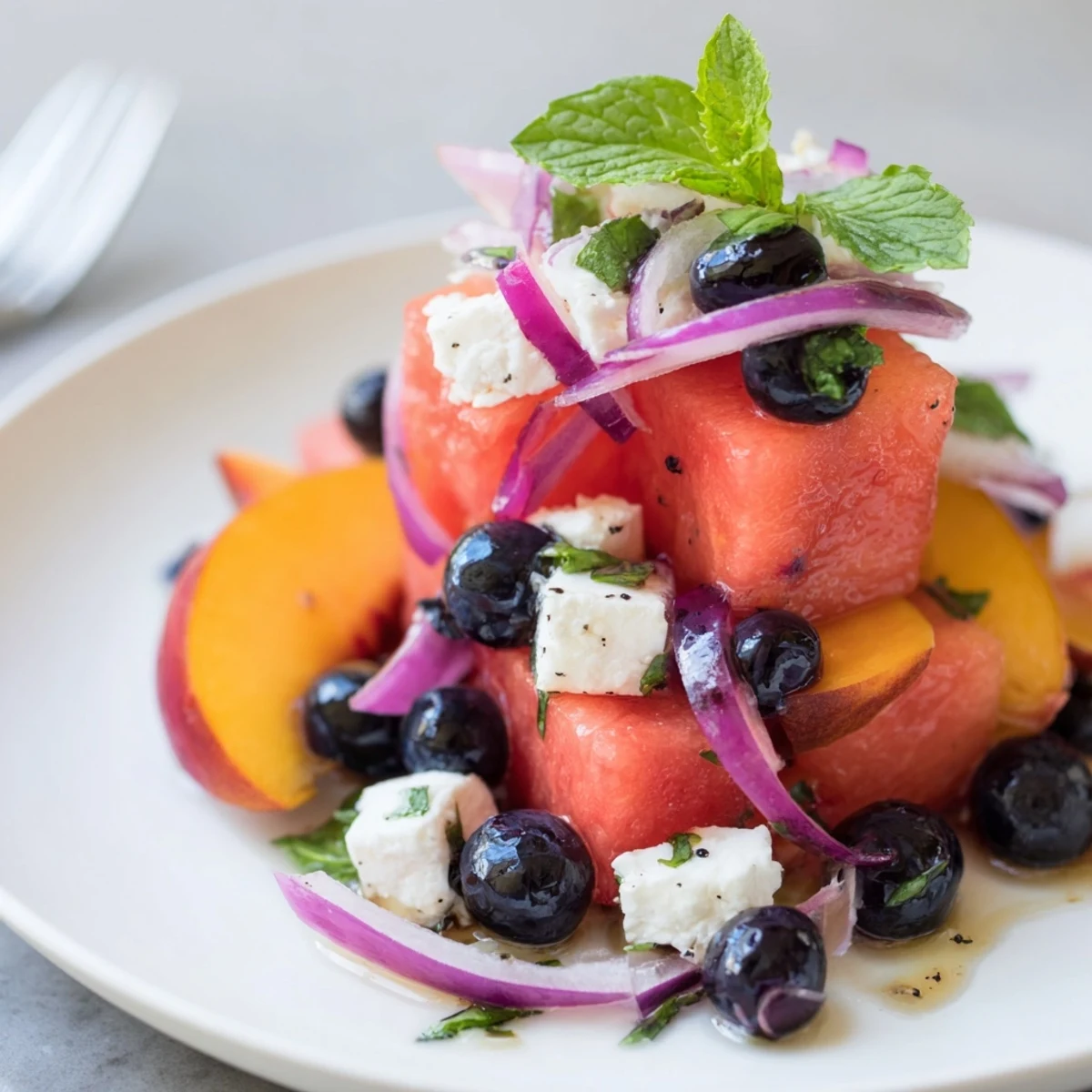 Summer Peach Watermelon Salad With Feta tossed gently with honey lime vinaigrette