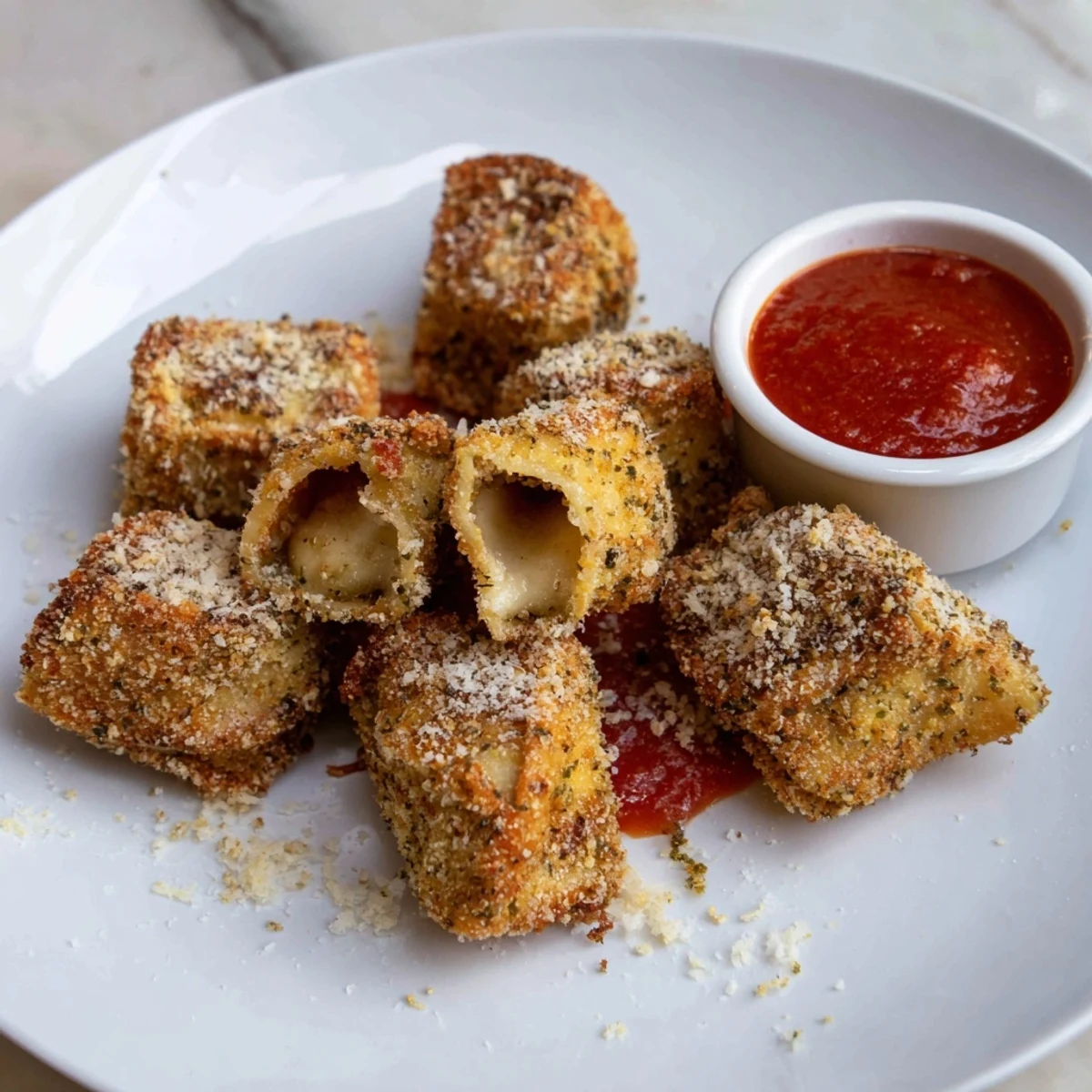 Close-up of Crispy Tortellini Party Snacks Recipe, browned edges, pillowy cheese centers