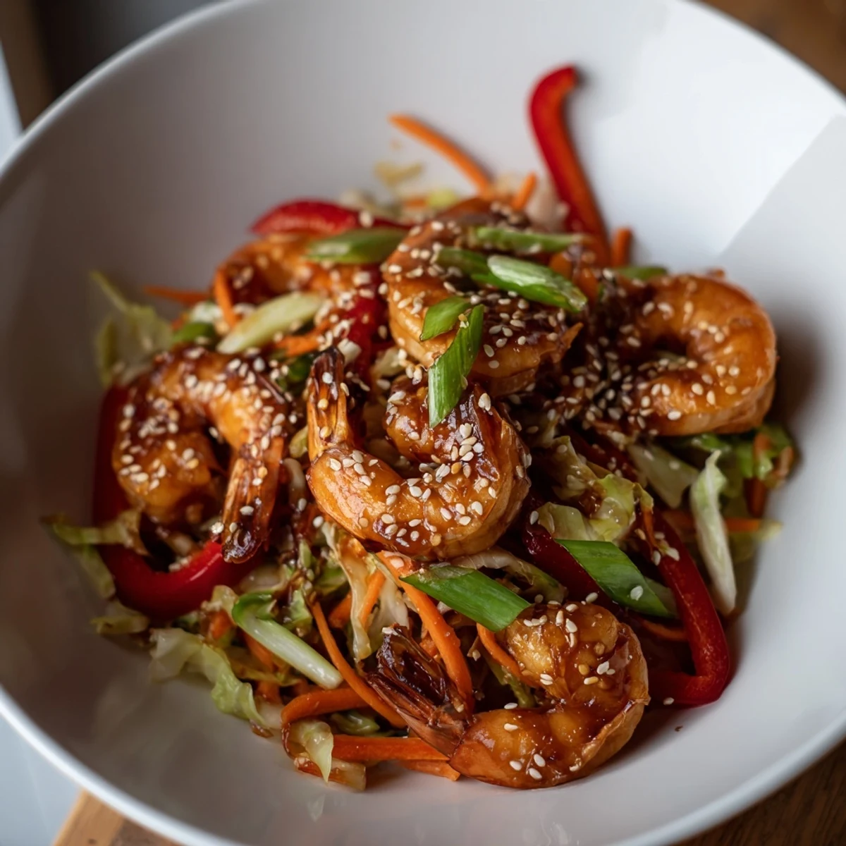 Delicious Asian Shrimp And Cabbage Stir Fry, steaming over jasmine rice.