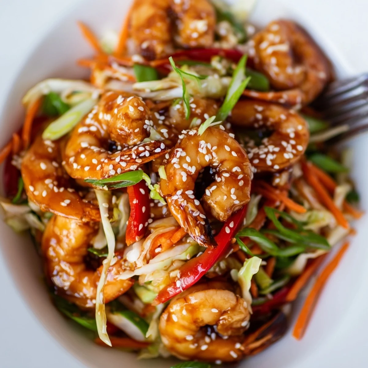 Bright pan of Delicious Asian Shrimp And Cabbage Stir Fry tossed with sesame seeds.