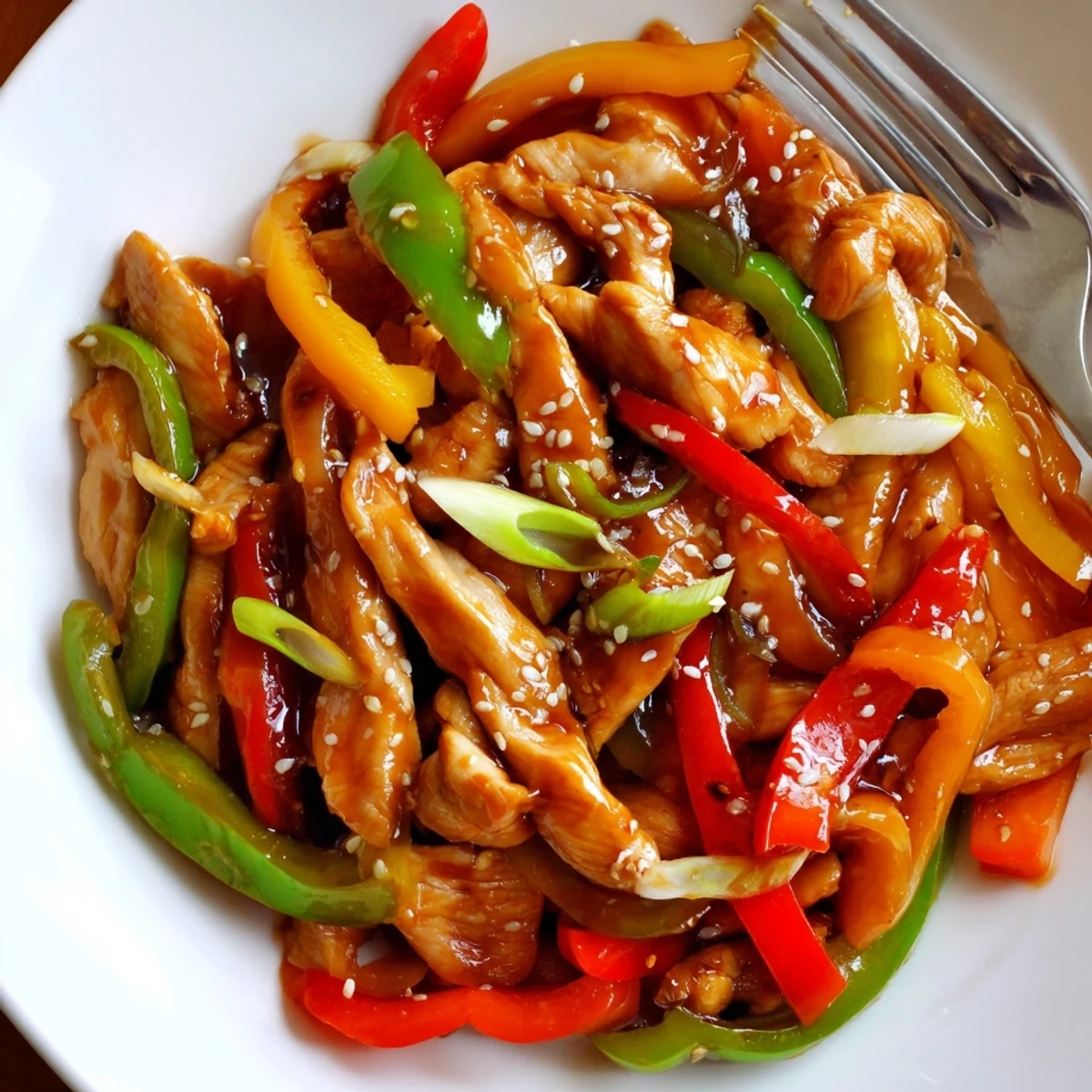 Quick Pepper Chicken Stir Fry sizzling in a glossy sauce, crisp bell peppers.