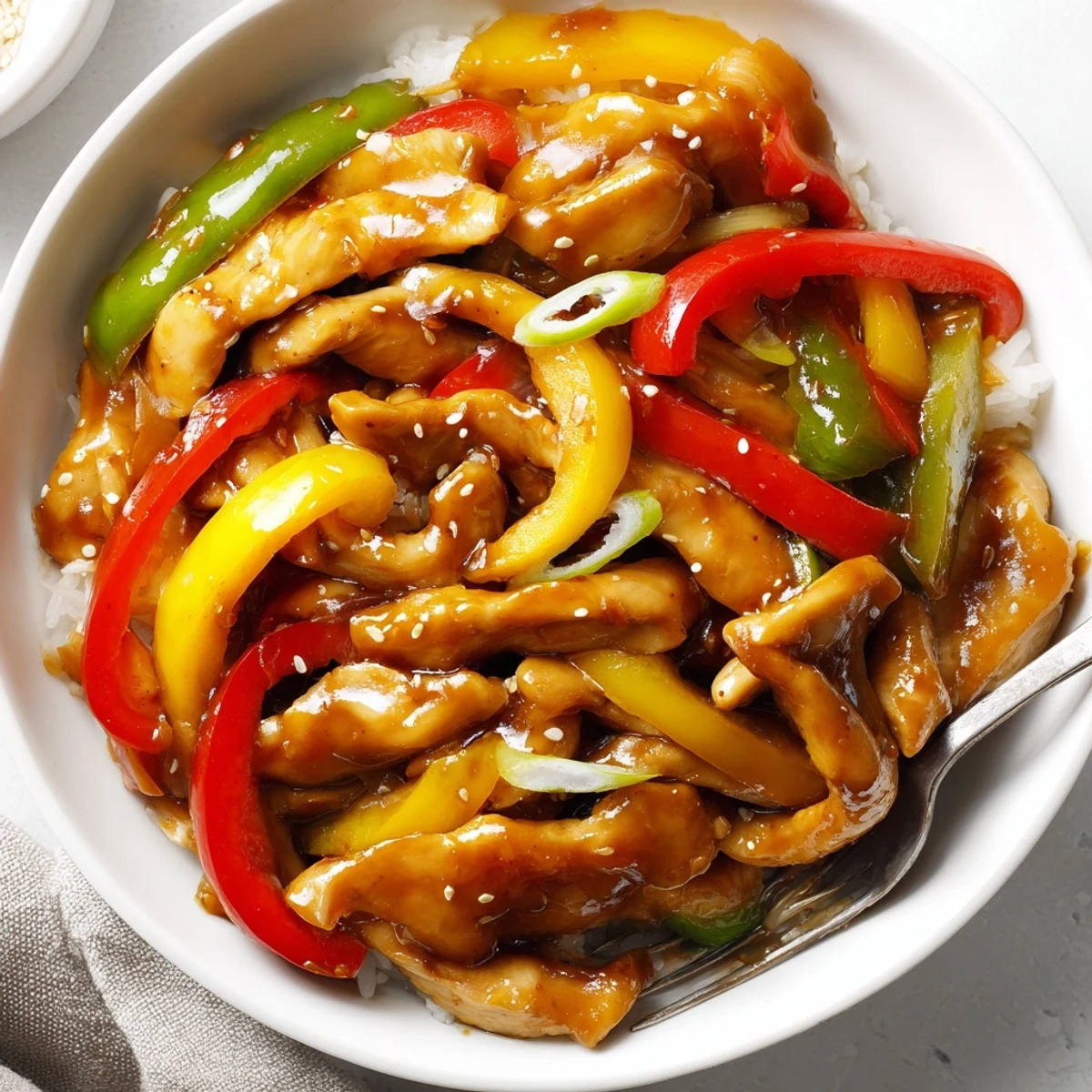 Plate of Quick Pepper Chicken Stir Fry served with jasmine rice and scallions.