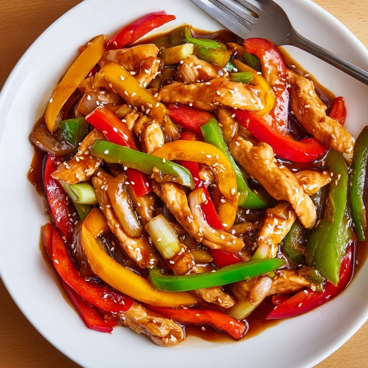 Quick Pepper Chicken Stir Fry with tender chicken, bright peppers, fragrant garlic.