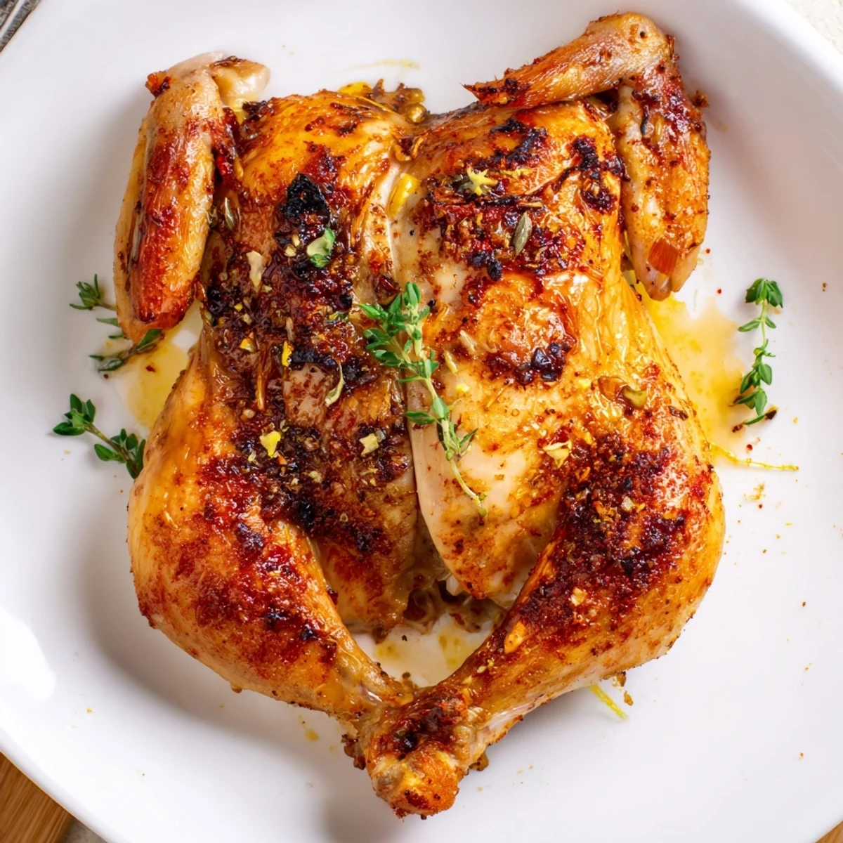 Buttermilk Roasted Chicken with golden, crisp skin resting on cutting board  