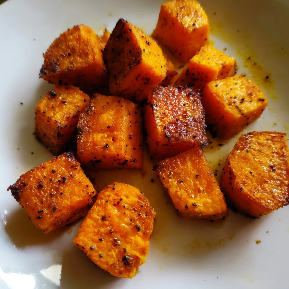Golden brown air fryer sweet potato cubes with crispy edges and tender centers, seasoned with smoked paprika and garlic.