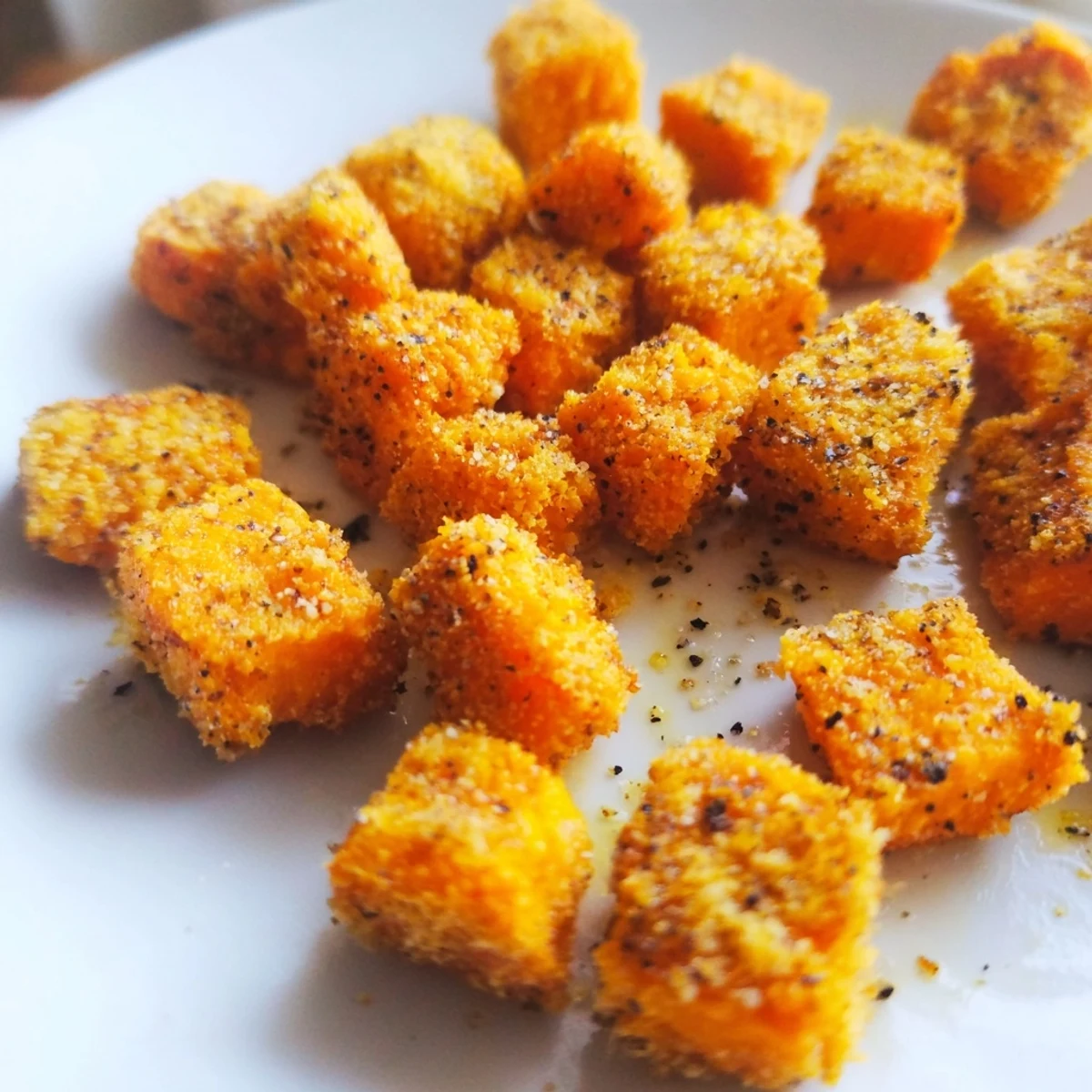 A bowl of perfectly cooked air fryer sweet potato cubes served as a healthy vegetarian side dish or snack.