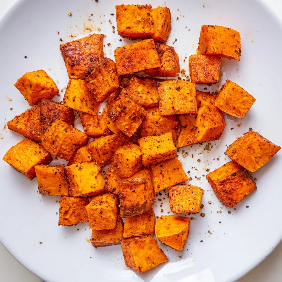 Crispy air fryer sweet potato cubes arranged on a white plate, garnished with fresh herbs and sea salt.