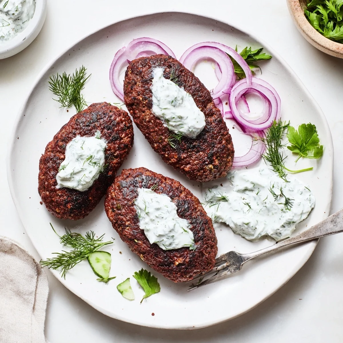 Golden smashed beef kebabs sizzling on a grill pan with creamy cucumber yogurt sauce
