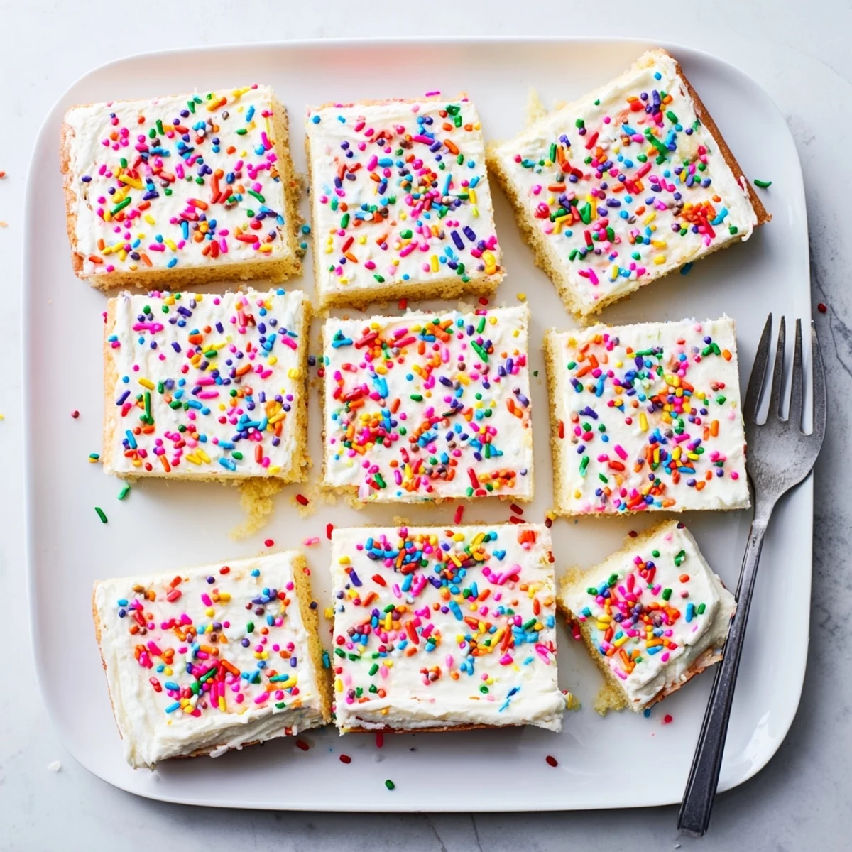 Golden frosted sugar cookie bars topped with colorful sprinkles on a white serving platter