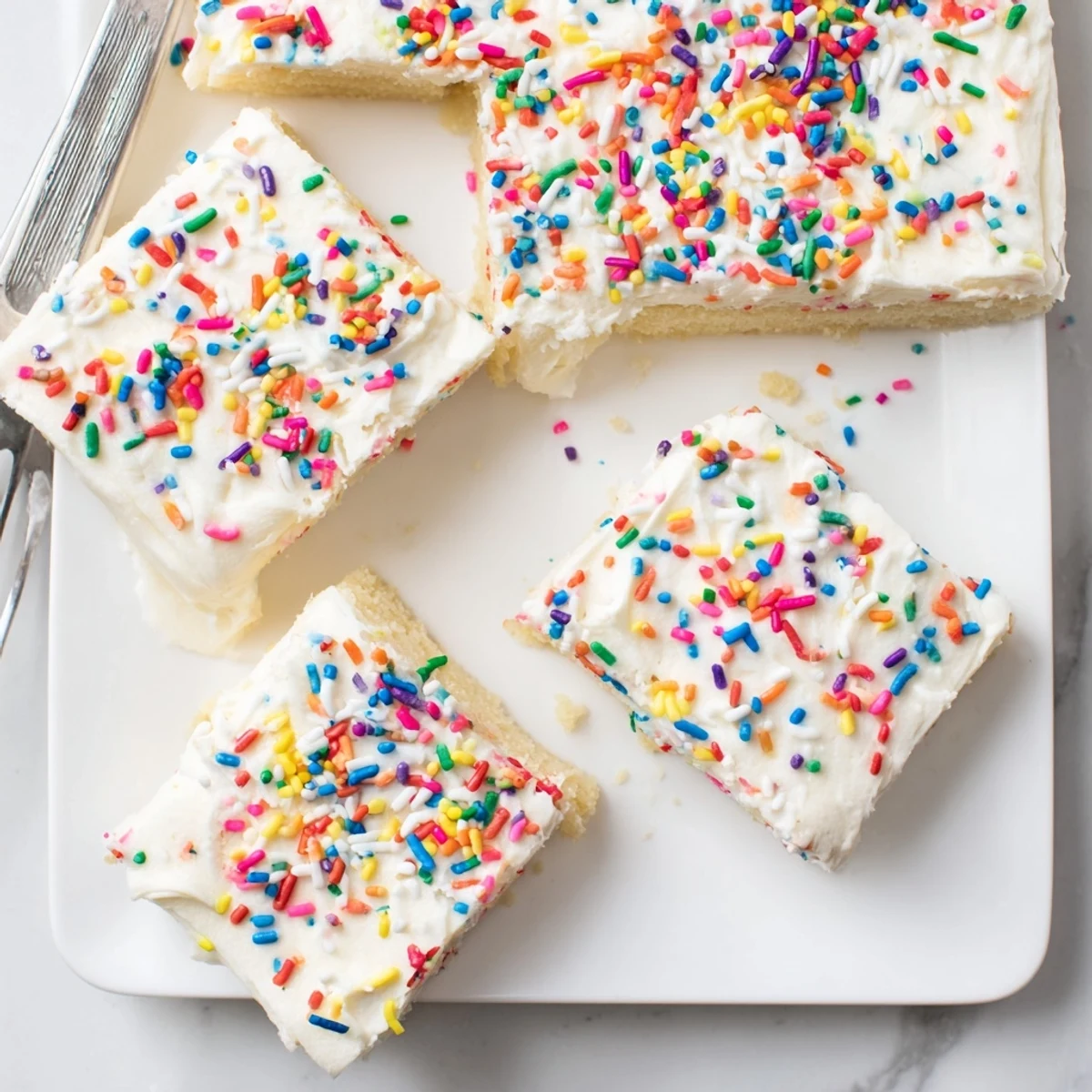 Soft buttery sugar cookie bars spread with creamy vanilla frosting and festive rainbow sprinkles