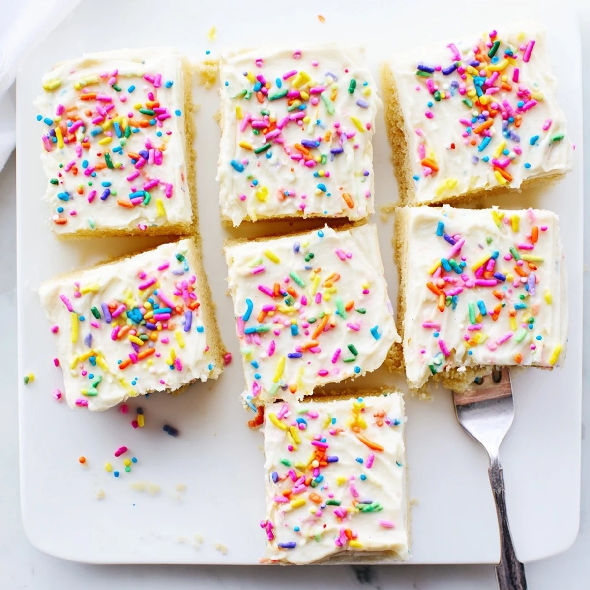 A square pan of frosted sugar cookie bars cut into pieces ready for a party