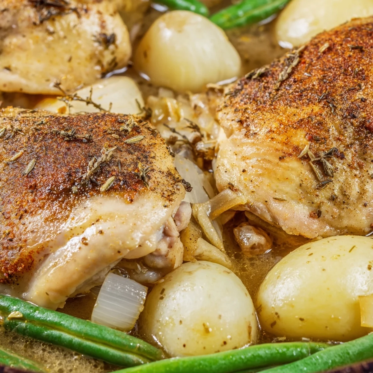 Golden slow cooker chicken and potatoes with green beans in a rich, savory broth
