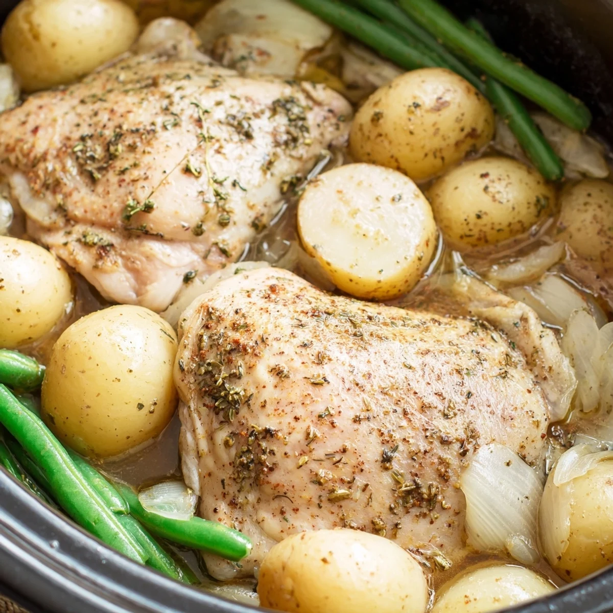 Tender herb-seasoned chicken thighs nestled with baby potatoes and crisp green beans in a slow cooker
