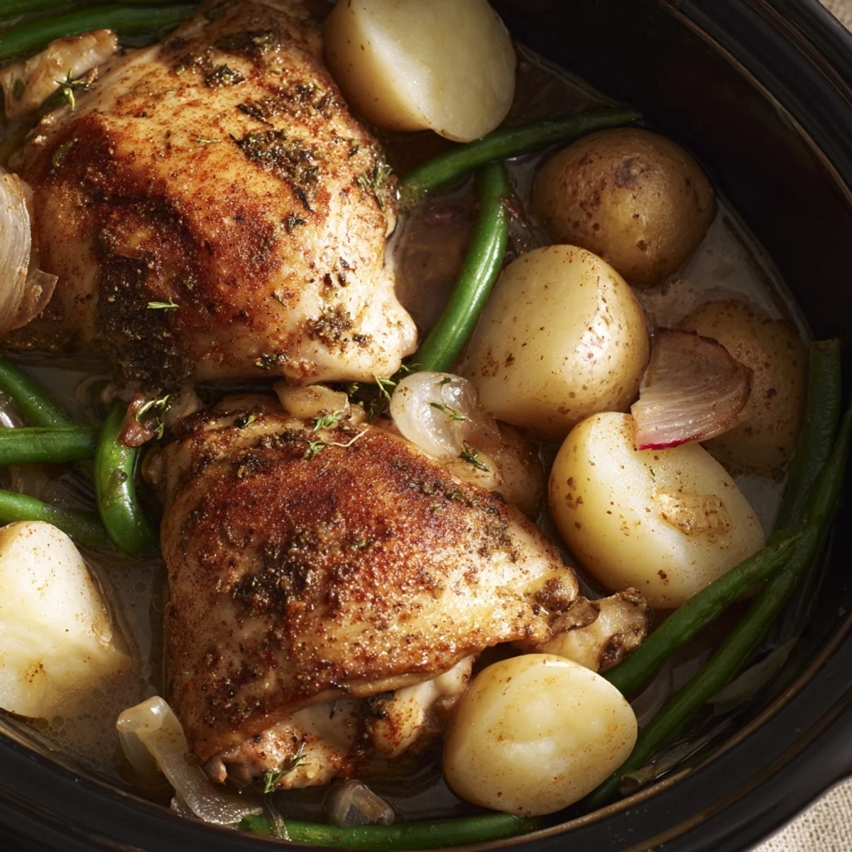 Comforting one-pot meal featuring juicy chicken, creamy potatoes, and fresh green beans slow-cooked to perfection