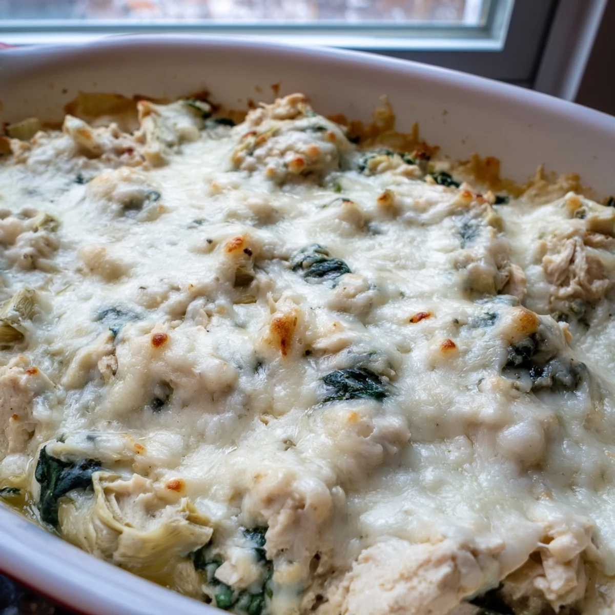 Golden bubbly spinach artichoke chicken casserole fresh from the oven with melted mozzarella topping