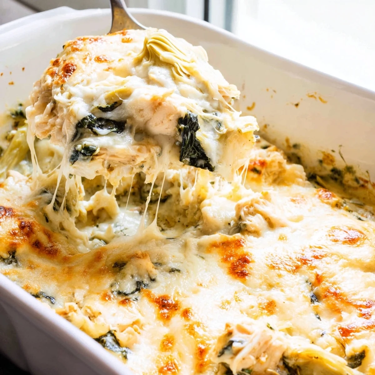 Gooey cheese topped spinach artichoke chicken casserole ready for family dinner with a serving spoon