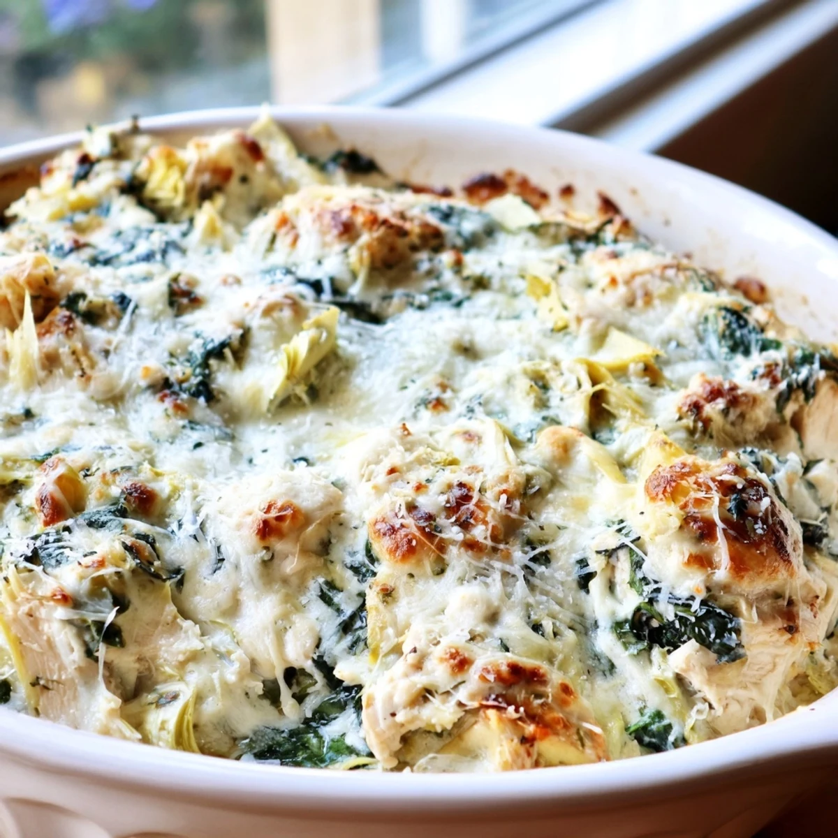 Creamy baked spinach artichoke chicken casserole served in a white baking dish with steam rising