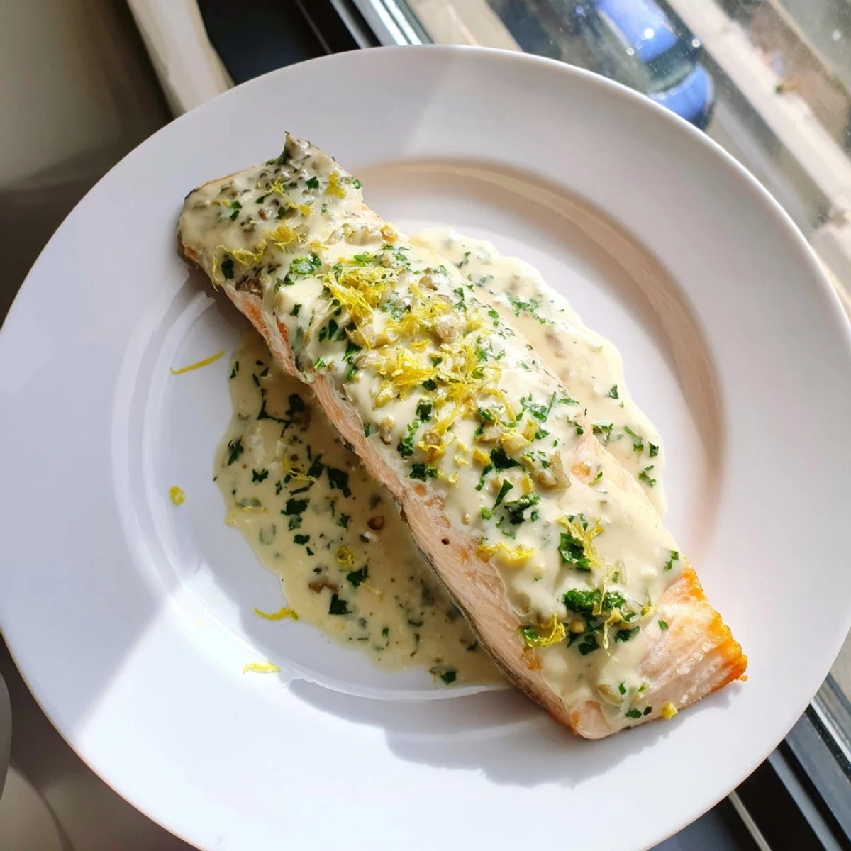 Golden pan-seared salmon fillets drizzled with rich lemon cream sauce and fresh parsley