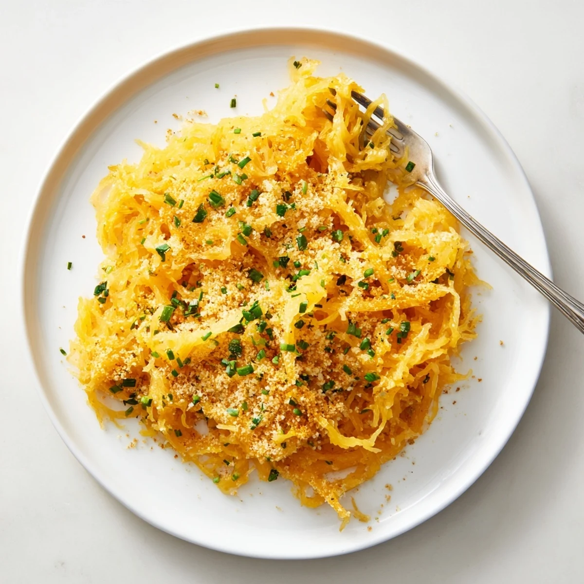 Creamy low carb spaghetti squash mac cheese with rich cheddar sauce in a white serving dish