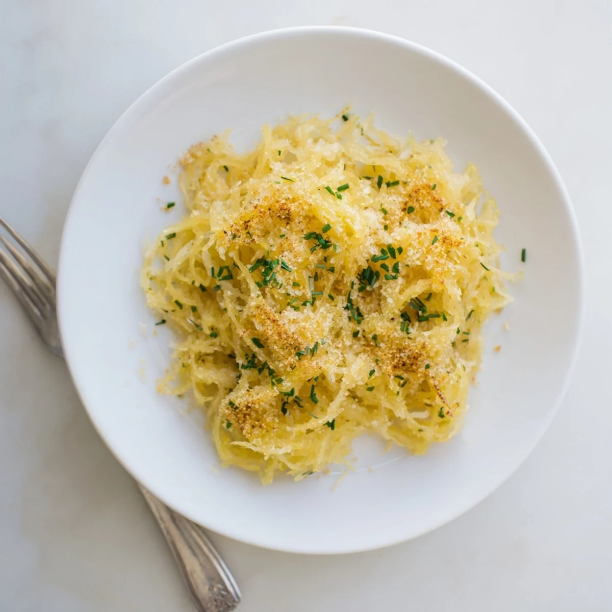 Baked spaghetti squash mac cheese casserole bubbling with melted Gruyère and golden Parmesan crust