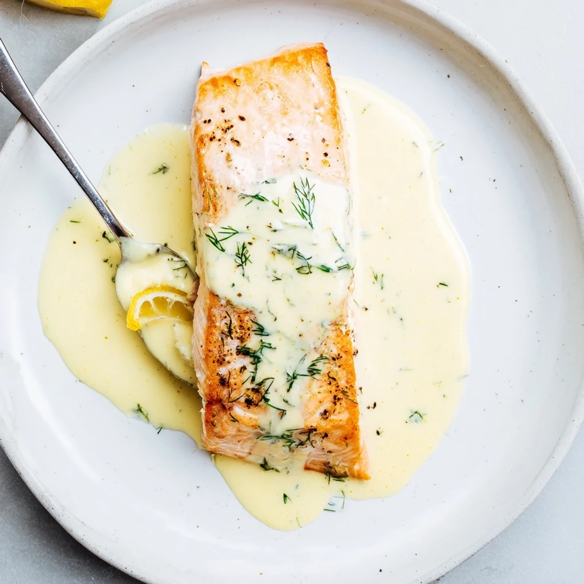 Pan-seared Salmon With Lemon Cream Sauce, glossy sauce spooned over fillets