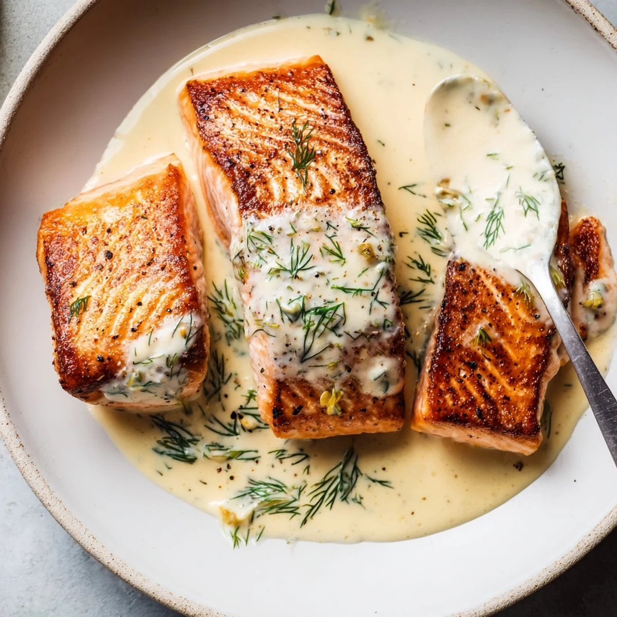 Served over fluffy rice, Salmon With Lemon Cream Sauce crowned with dill