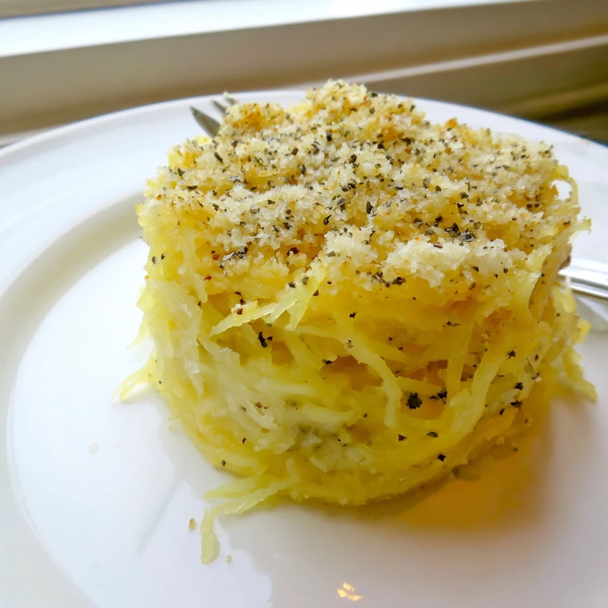 Roasted Spaghetti Squash Mac Cheese tossed with cheddar sauce, steam rising