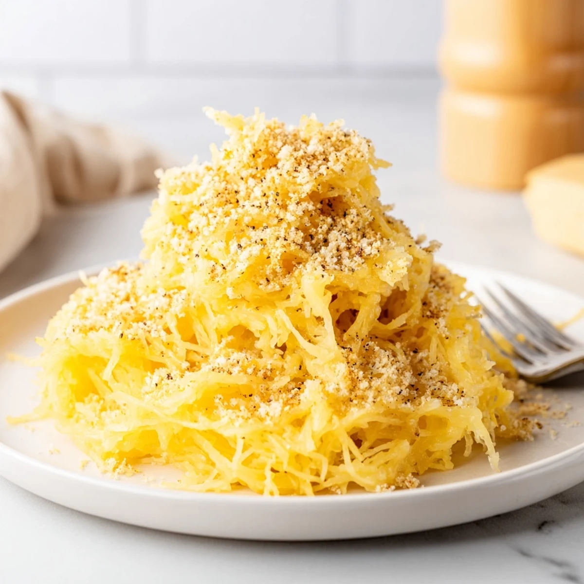 Creamy Spaghetti Squash Mac Cheese in a baking dish, golden breadcrumb topping