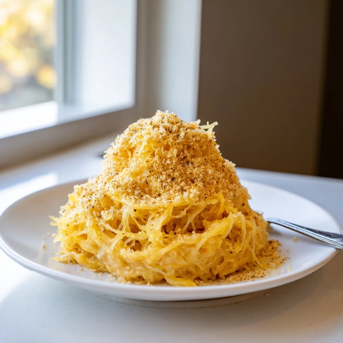 Comforting Spaghetti Squash Mac Cheese served warm with parsley garnish