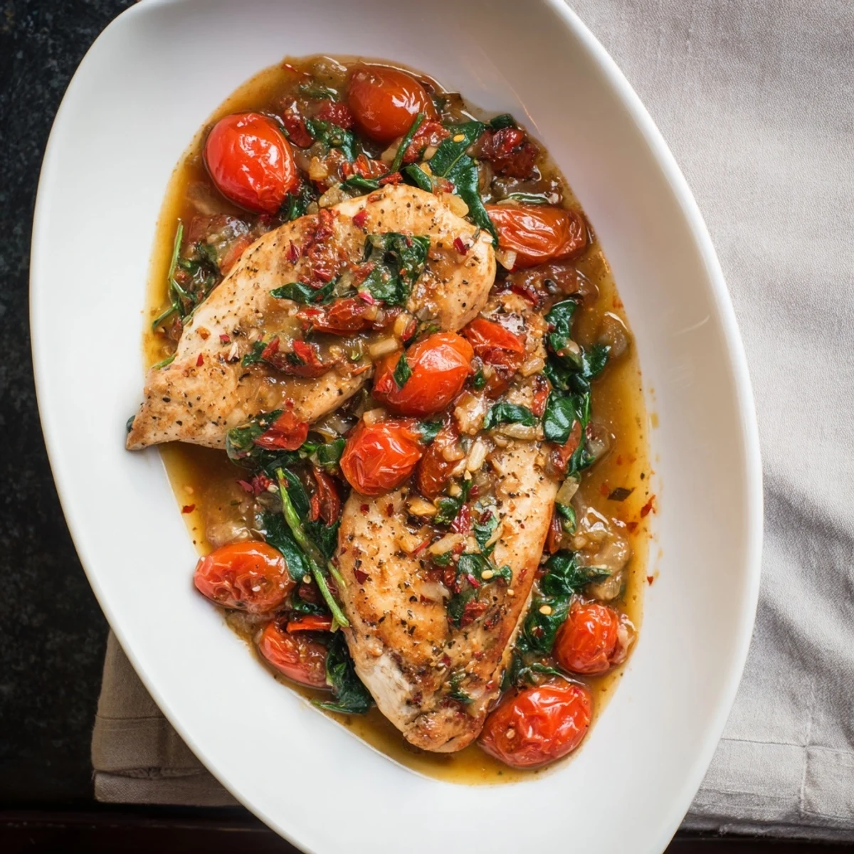 Tomato Spinach White Wine Chicken simmered in fragrant sauce, served with crusty bread