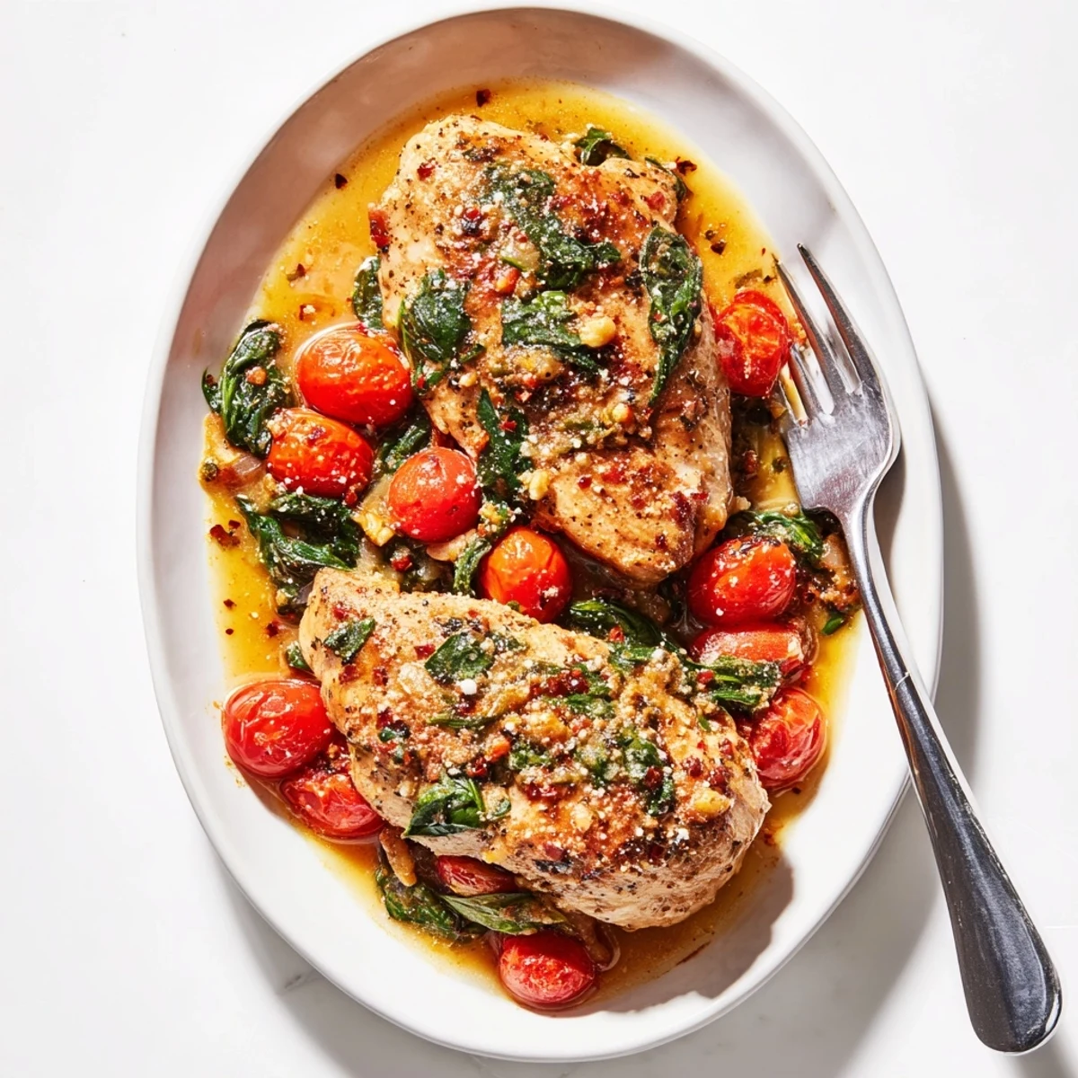 Tomato Spinach White Wine Chicken spooned over pasta, bright tomatoes, garlic-scented wine sauce