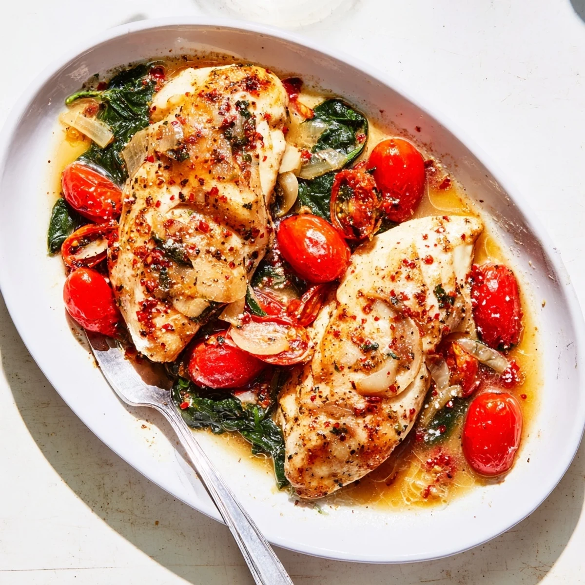 Tomato Spinach White Wine Chicken with golden seared breasts, juicy tomatoes, wilted spinach